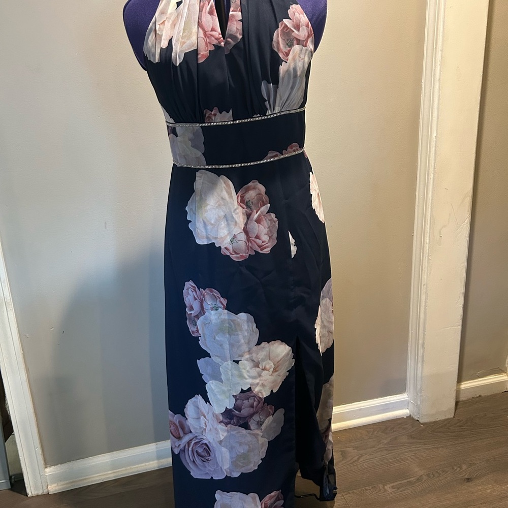 Oleg Cassini Navy Floral Backless Dress